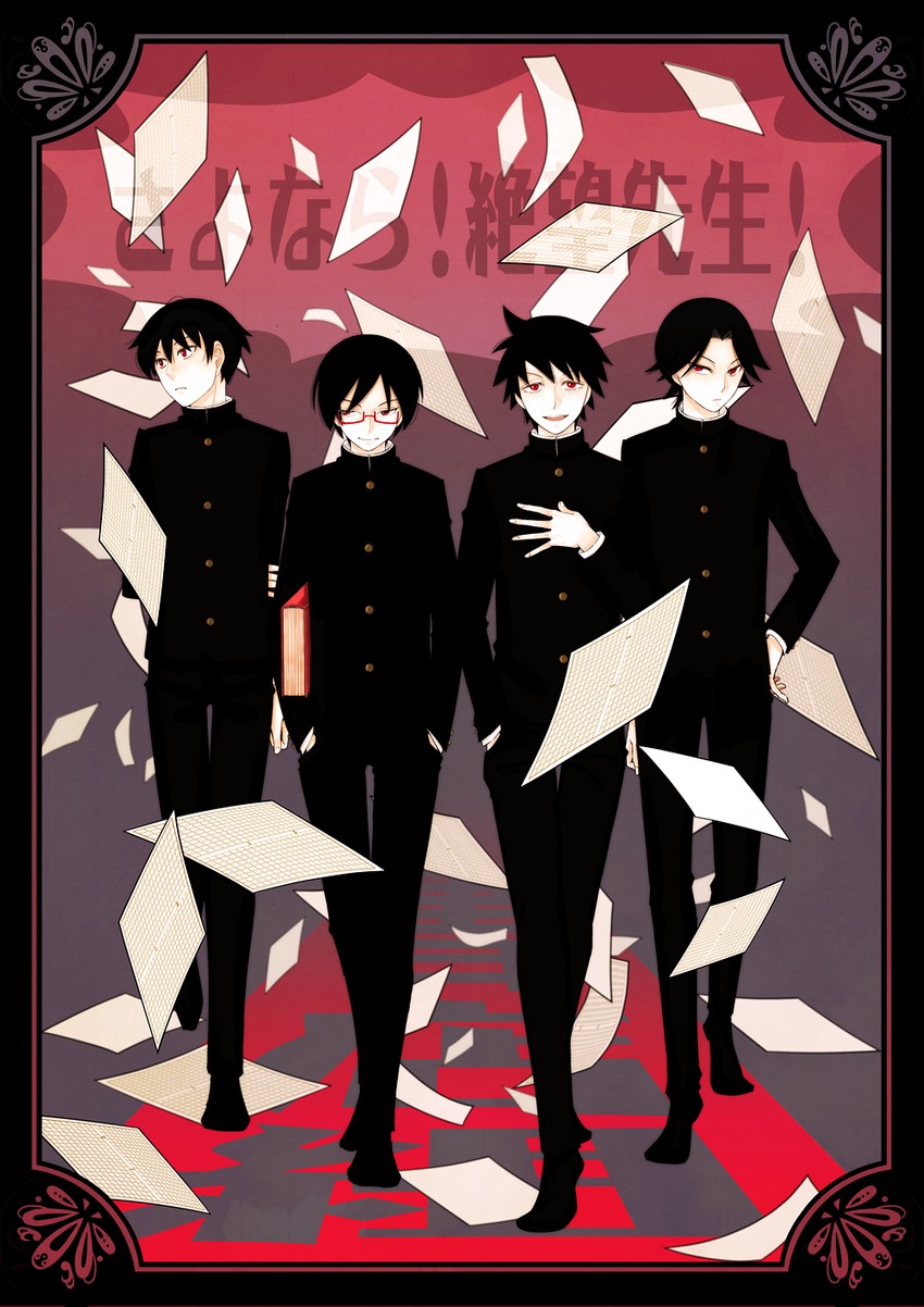 kudou jun, kino kuniya, haga, and aoyama (sayonara zetsubou sensei) drawn by okumura