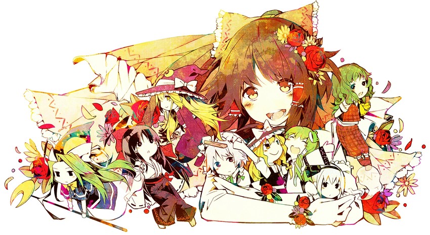 hakurei reimu, kirisame marisa, izayoi sakuya, kochiya sanae, konpaku youmu, and 2 more (touhou) drawn by inazumrai