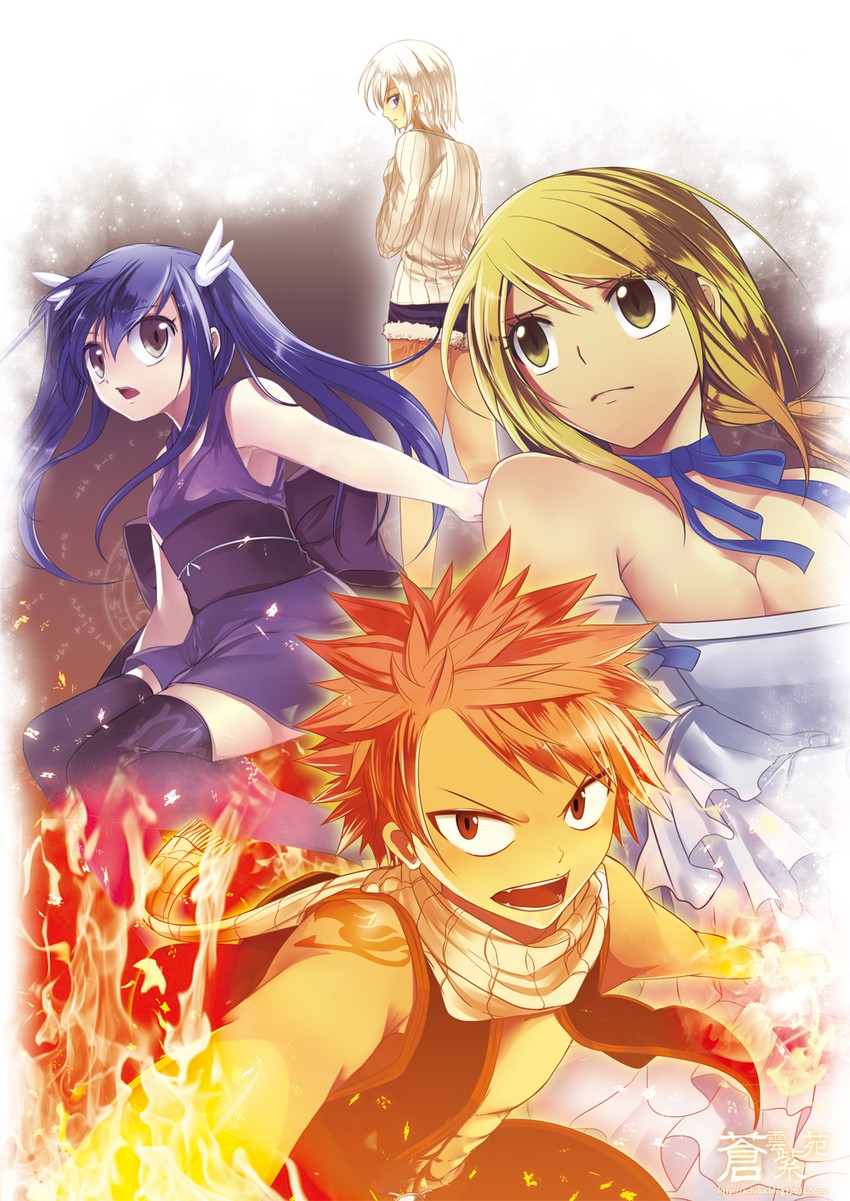 lucy heartfilia, natsu dragneel, wendy marvell, and lisanna strauss (fairy tail) drawn by achiba