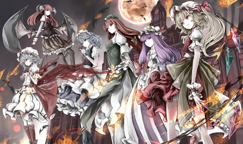 remilia scarlet, flandre scarlet, izayoi sakuya, patchouli knowledge, hong meiling, and 1 more (touhou) drawn by yutapon