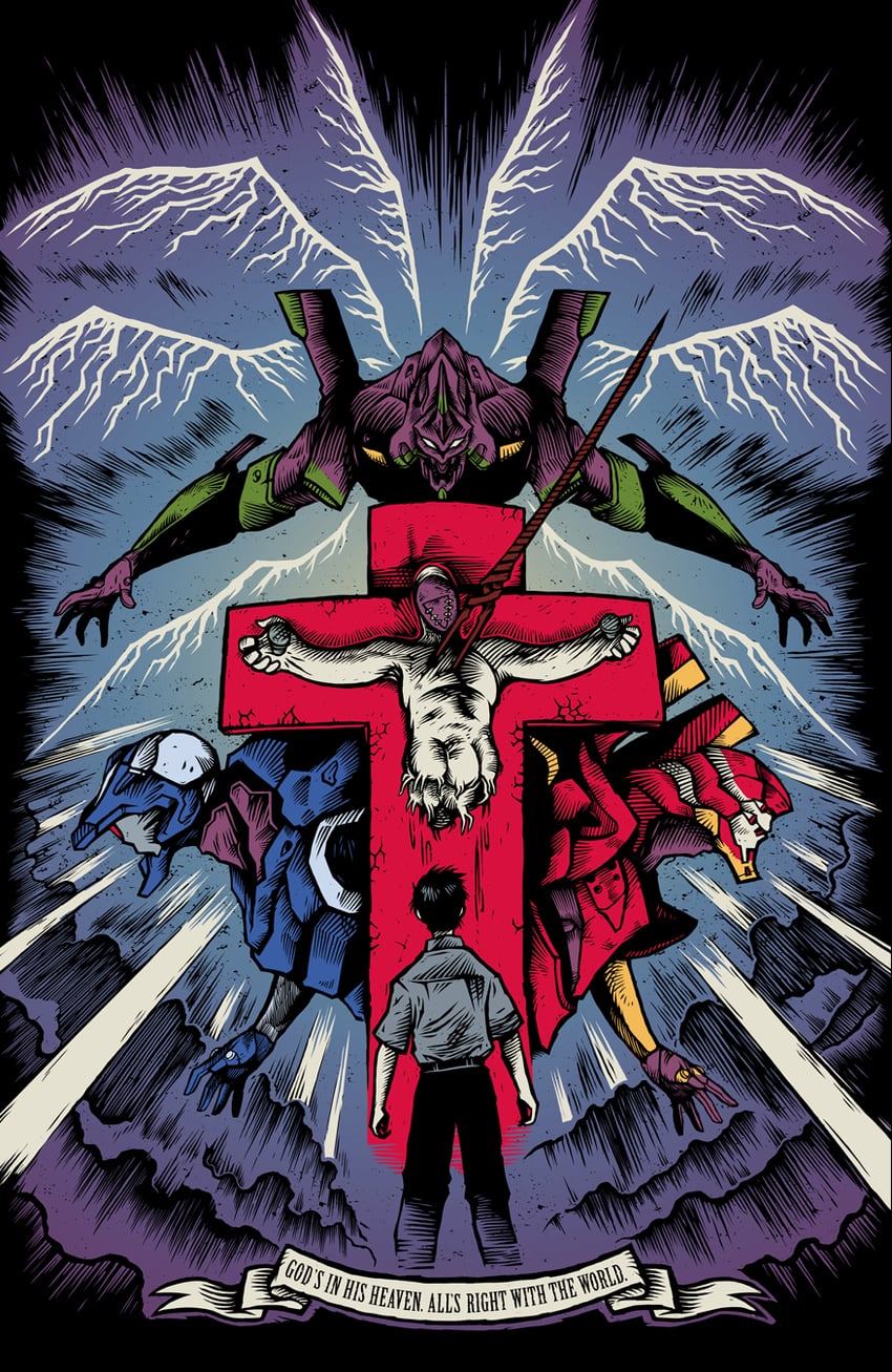 ikari shinji, eva 02, eva 01, eva 00, and lilith (neon genesis evangelion) drawn by adam_rufino