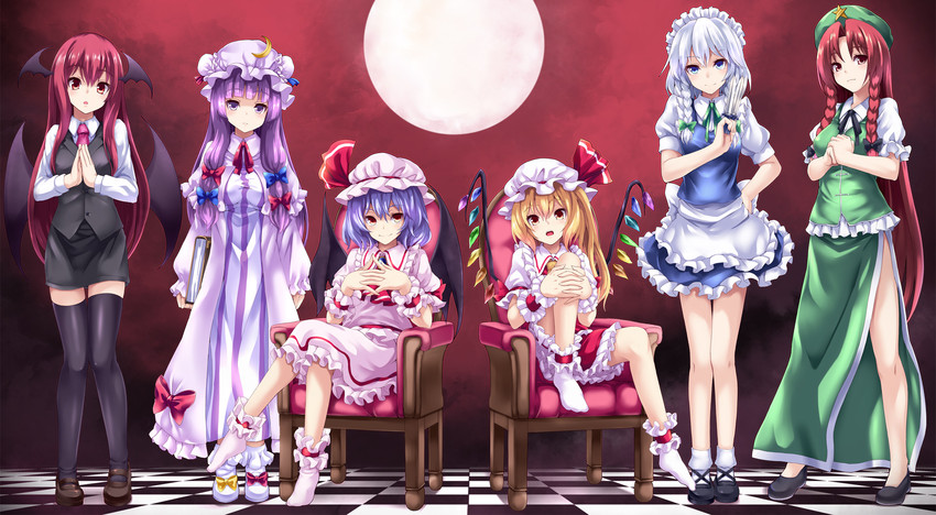 remilia scarlet, flandre scarlet, izayoi sakuya, patchouli knowledge, hong meiling, and 1 more (touhou and 1 more) drawn by asu_hare