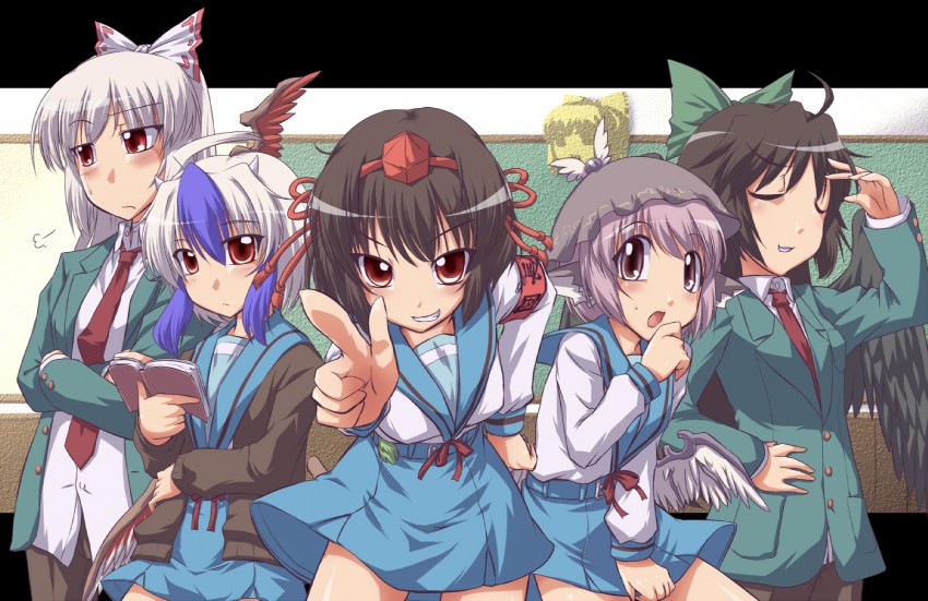 shameimaru aya, fujiwara no mokou, reiuji utsuho, mystia lorelei, suzumiya haruhi, and 5 more (touhou and 1 more) drawn by yoshi_tama