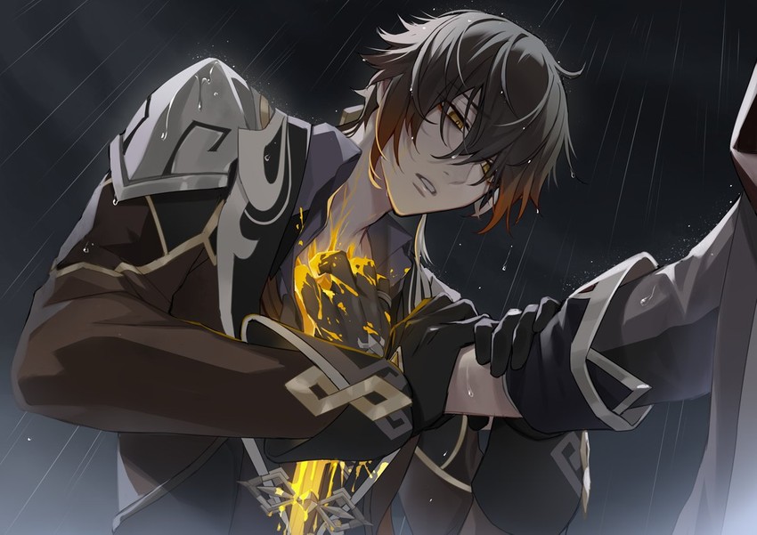 zhongli and tartaglia (genshin impact) drawn by chisuke_1104