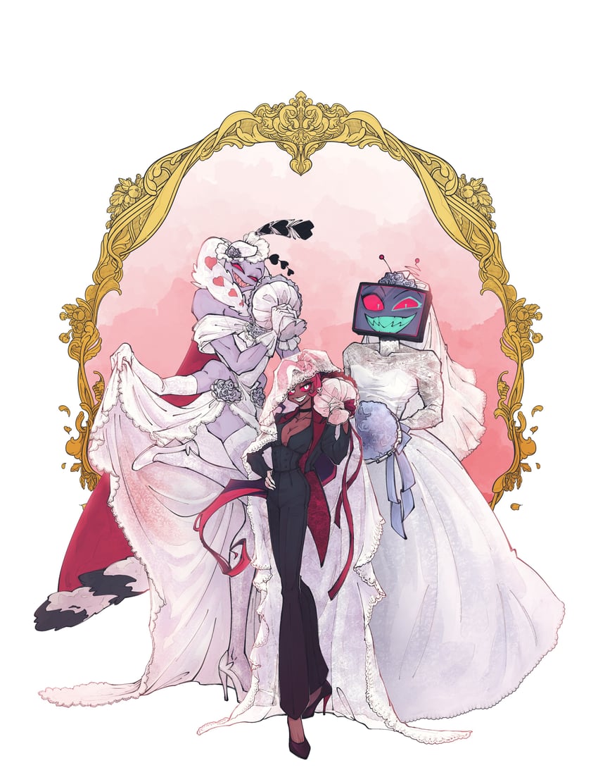 valentino, vox, and velvette (hazbin hotel) drawn by jelly_bear2