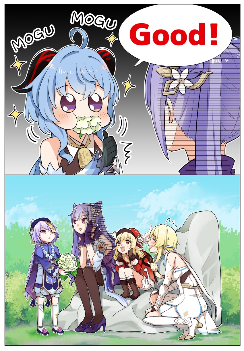 ganyu, lumine, keqing, klee, and qiqi (genshin impact) drawn by bocha_(gotipoke)