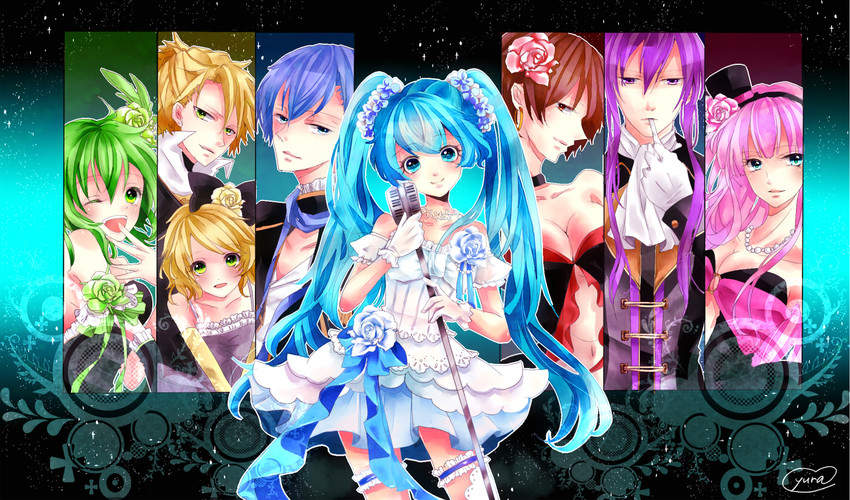 hatsune miku, kagamine rin, kagamine len, megurine luka, kaito, and 3 more (vocaloid) drawn by yura0910