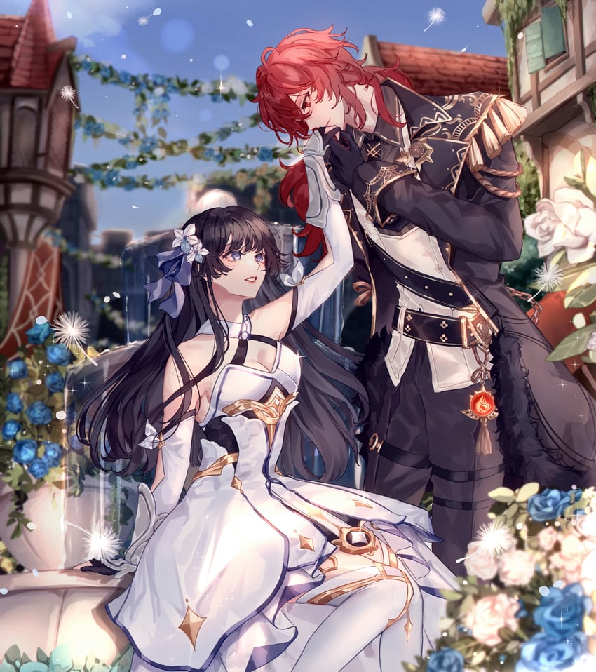 lumine, diluc, and koharu (original and 1 more) drawn by abyss_of_alyss