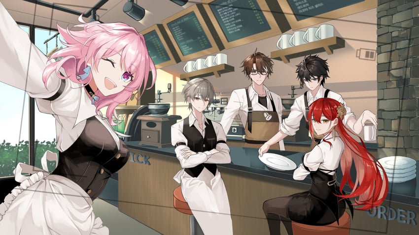 trailblazer, march 7th, caelus, dan heng, himeko, and 1 more (honkai and 1 more) drawn by lucio_(lucioooo38)