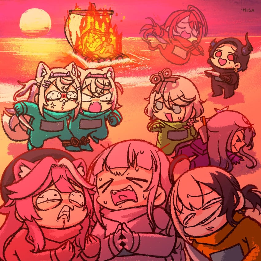 mori calliope, ouro kronii, nerissa ravencroft, fuwawa abyssgard, mococo abyssgard, and 7 more (hololive and 2 more) drawn by wakatsuki_misato