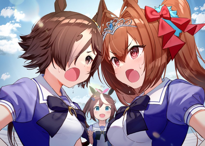 daiwa scarlet, tokai teio, and vodka (umamusume) drawn by tsukiman