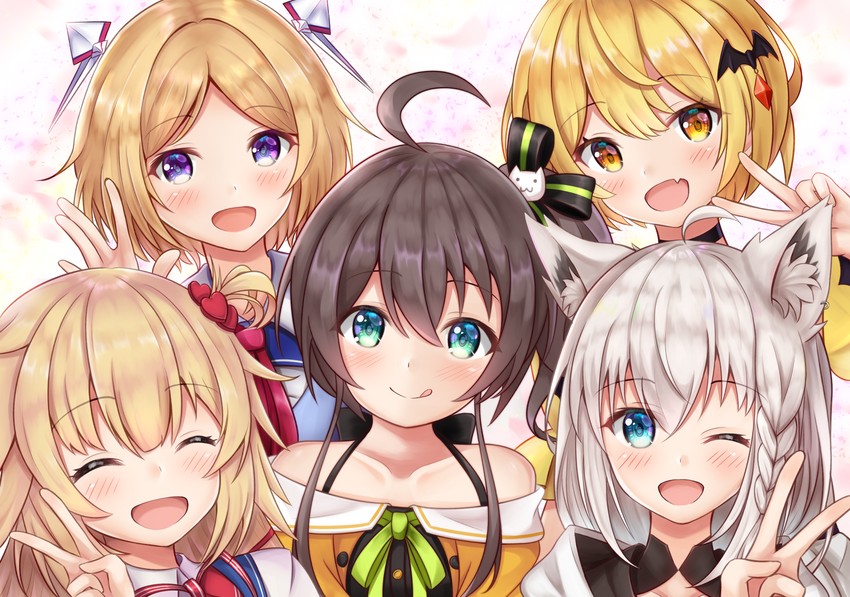 shirakami fubuki, natsuiro matsuri, akai haato, aki rosenthal, and yozora mel (hololive) drawn by namekuji_ojiichan