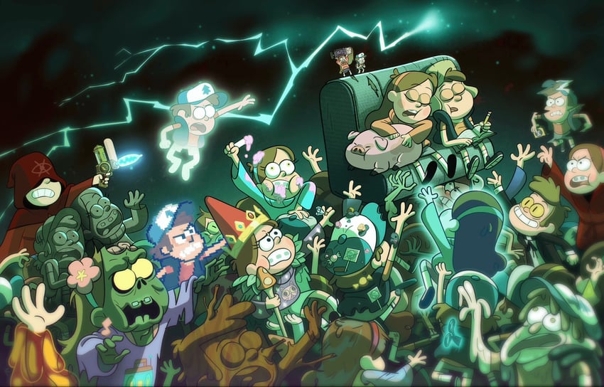mabel pines, dipper pines, bill cipher, waddles, bipper, and 1 more (gravity falls and 1 more) drawn by ian_worrel and joe_pitt