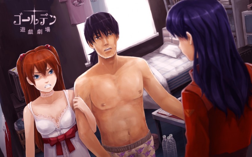 souryuu asuka langley, katsuragi misato, kaji ryouji, mitsuishi kotono, and yamadera kouichi (neon genesis evangelion and 1 more) drawn by okazun