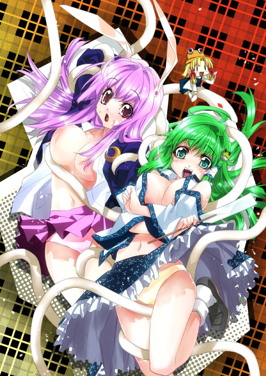 kochiya sanae, reisen udongein inaba, moriya suwako, and mishaguji (touhou) drawn by ichikawa_ryuunosuke