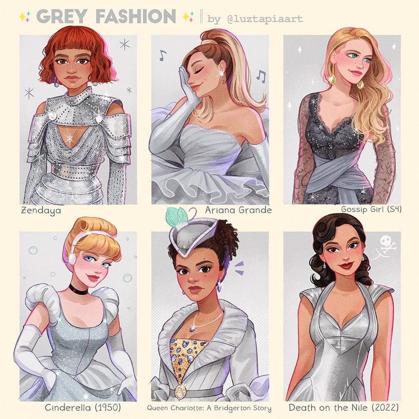 cinderella, ariana grande, zendaya, queen charlotte, linnet ridgeway doyle, and 1 more (real life and 5 more) drawn by luztapiaart
