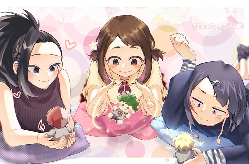 midoriya izuku, uraraka ochaco, todoroki shoto, yaoyorozu momo, jiro kyoka, and 1 more (boku no hero academia) drawn by iorieggs514