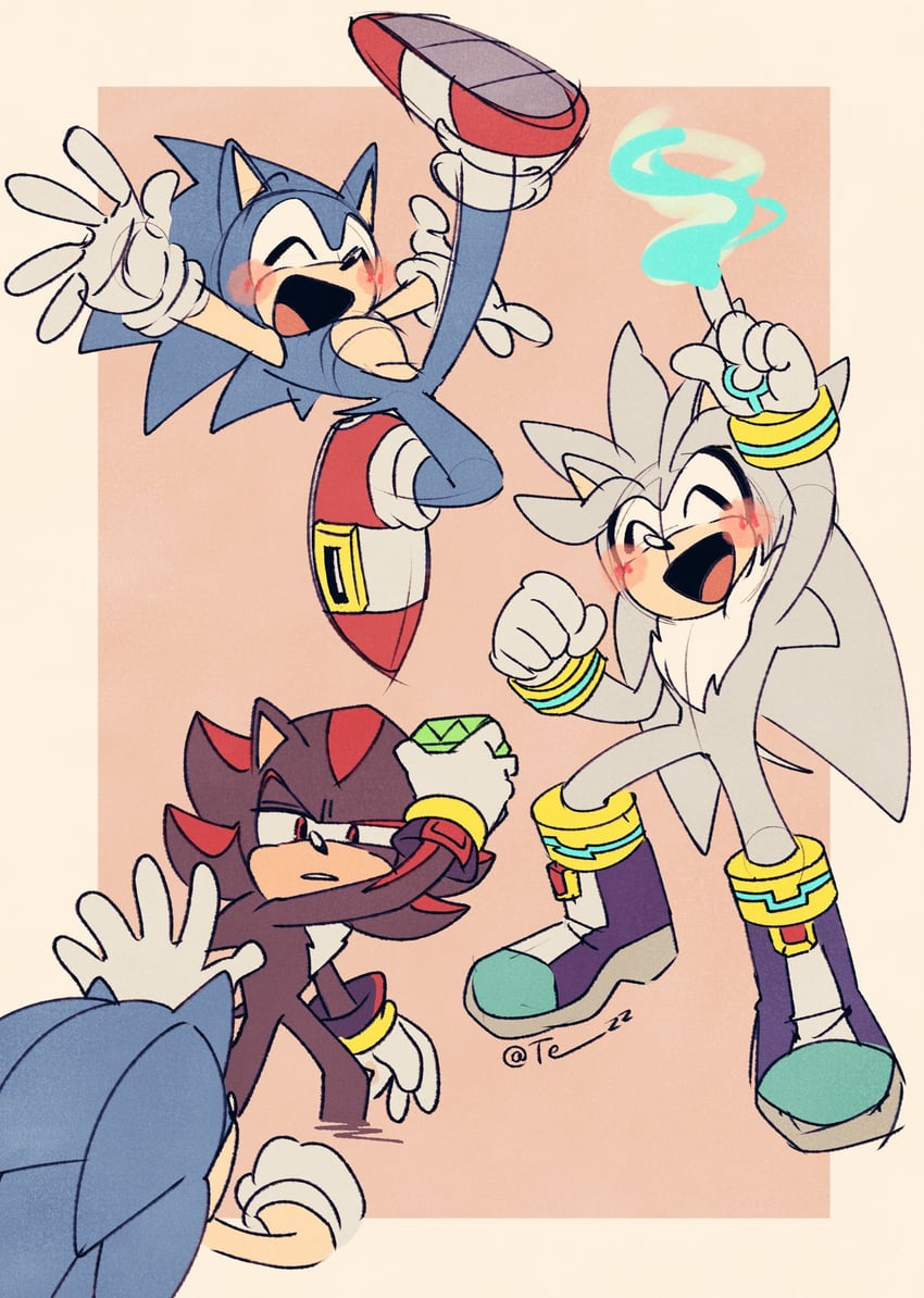 sonic the hedgehog, shadow the hedgehog, and silver the hedgehog (sonic) drawn by tezz