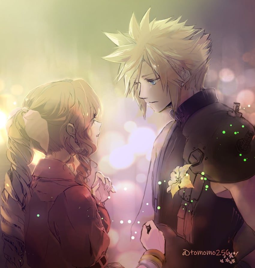 cloud strife and aerith gainsborough (final fantasy and 2 more) drawn by tomo_(552252)