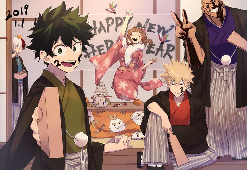 midoriya izuku, uraraka ochaco, bakugou katsuki, todoroki shoto, and all might (boku no hero academia) drawn by amedan