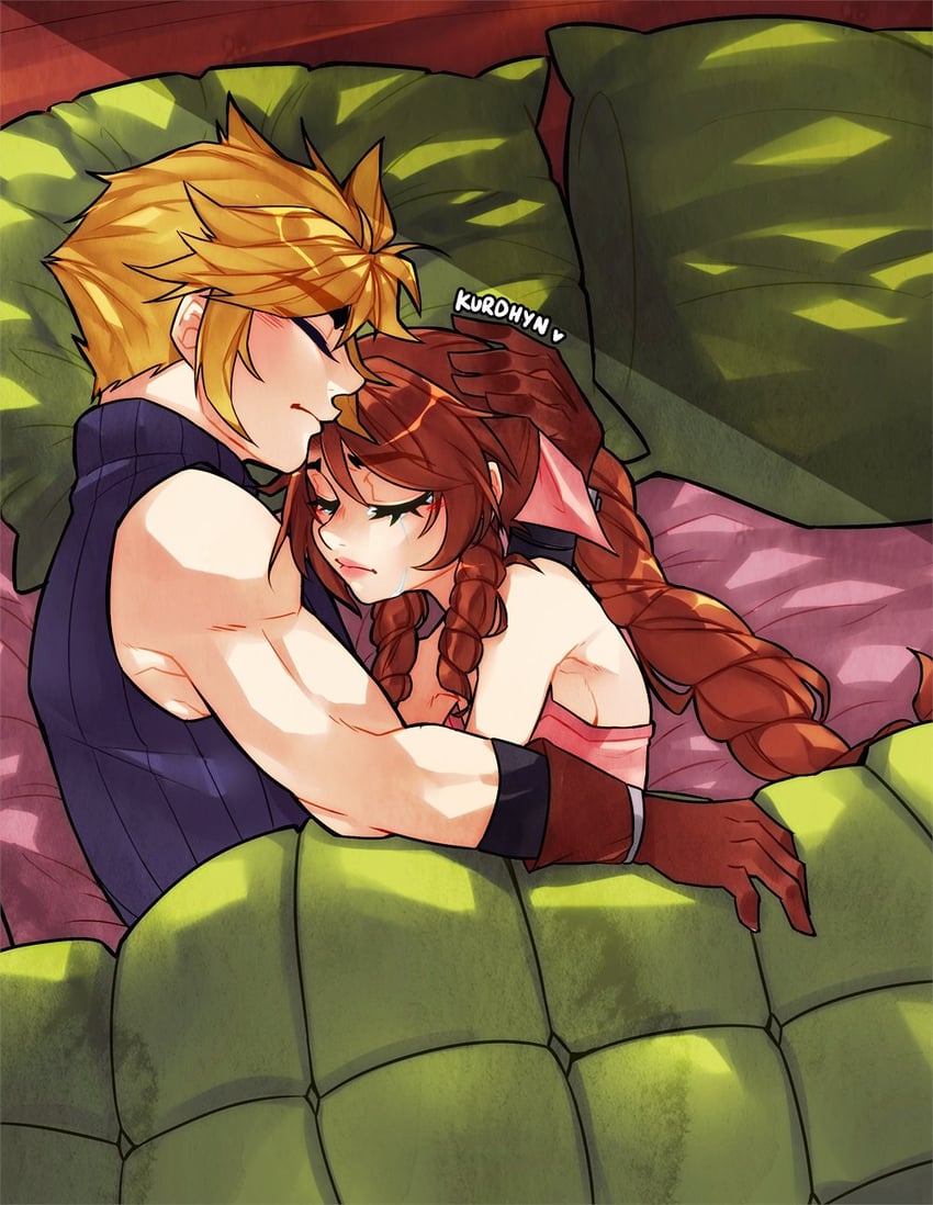 cloud strife and aerith gainsborough (final fantasy and 1 more) drawn by kurohyn