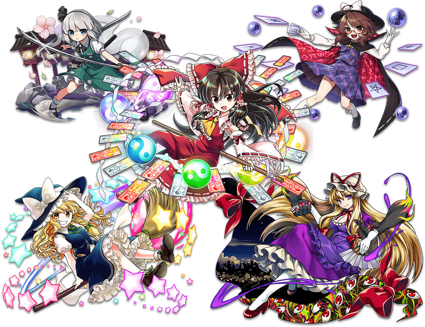hakurei reimu, kirisame marisa, konpaku youmu, yakumo yukari, and usami sumireko (touhou and 1 more) drawn by kozakura_(dictionary) and socha