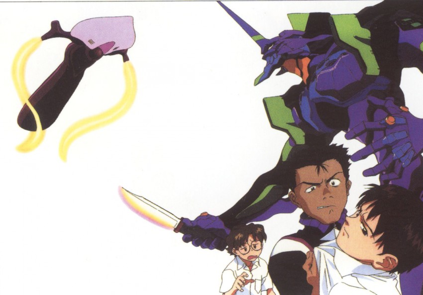 ikari shinji, eva 01, aida kensuke, and suzuhara touji (neon genesis evangelion)