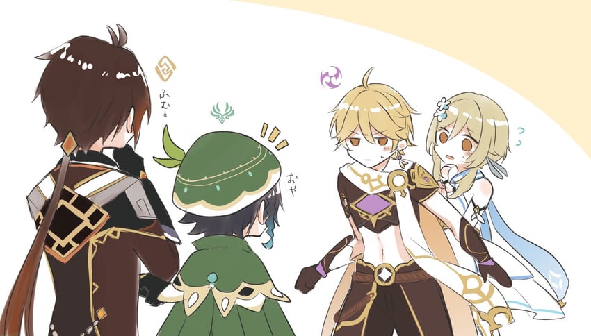 lumine, aether, zhongli, and venti (genshin impact) drawn by tapuchan