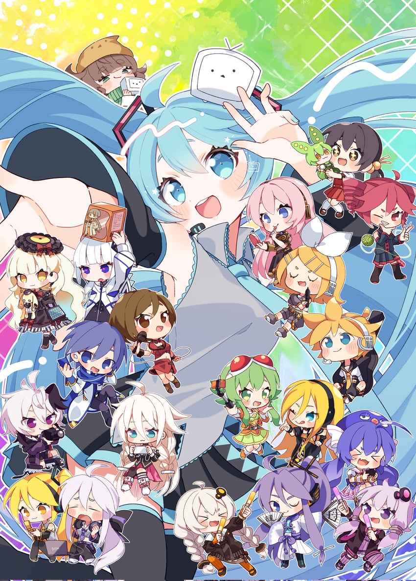 hatsune miku, kagamine rin, kagamine len, megurine luka, kasane teto, and 19 more (vocaloid and 7 more) drawn by kusunokimizuha