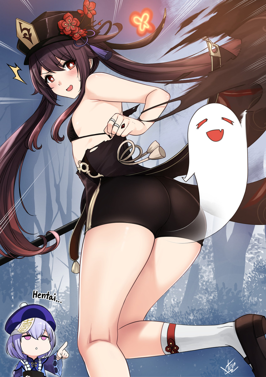 hu tao, boo tao, and qiqi (genshin impact) drawn by xter