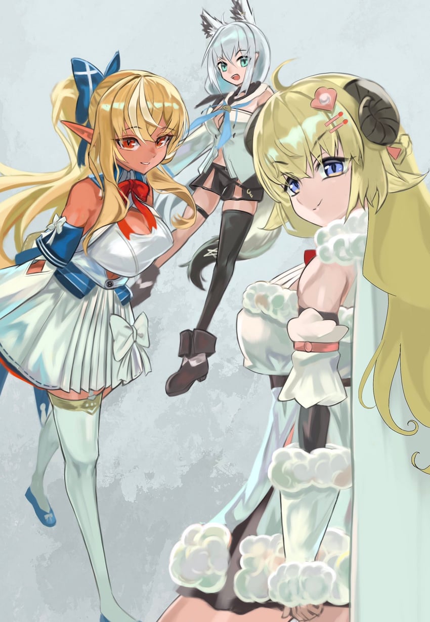 shirakami fubuki, shiranui flare, and tsunomaki watame (hololive) drawn by shina_417_417