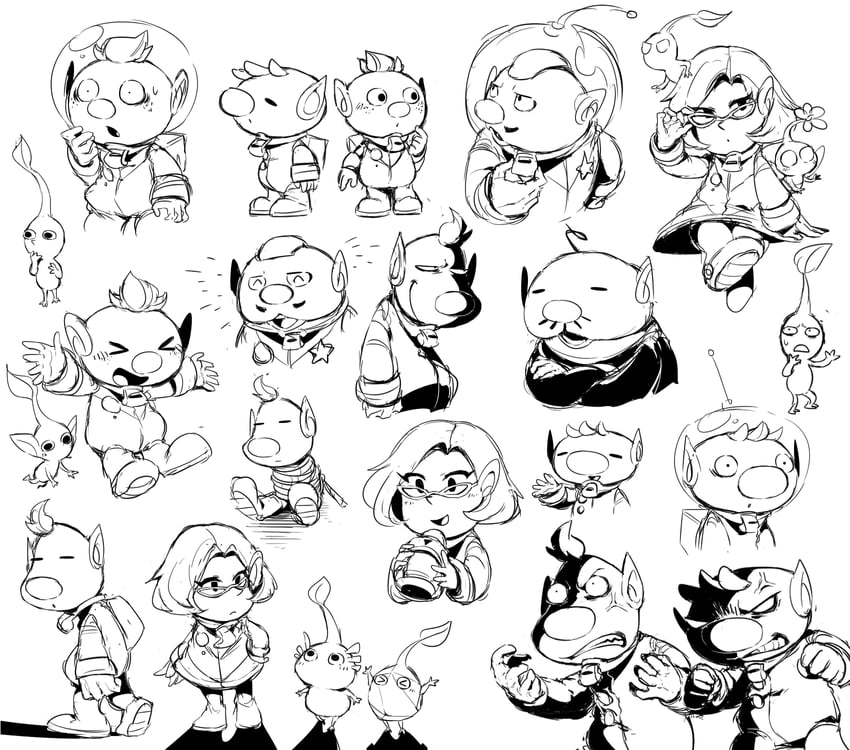 red pikmin, olimar, yellow pikmin, blue pikmin, purple pikmin, and 8 more (pikmin) drawn by shirushiki