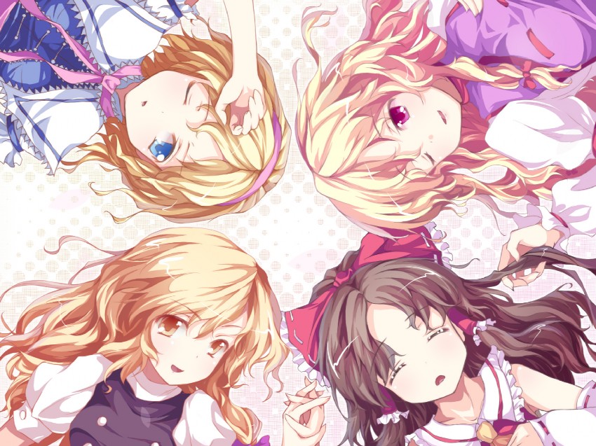 hakurei reimu, kirisame marisa, alice margatroid, and yakumo yukari (touhou) drawn by curtain_(posuinochuanglian) and mikage_kirino