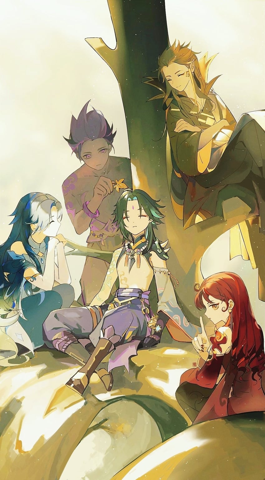 xiao, bonanus, indarias, bosacius, and menogias (genshin impact) drawn by huashengmi