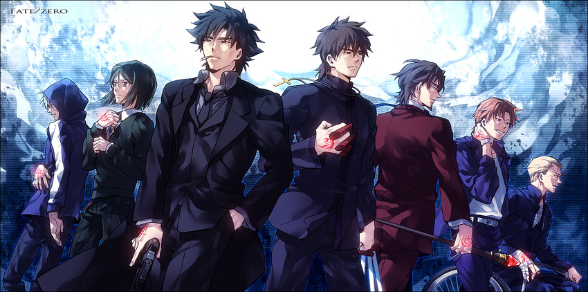 kotomine kirei, waver velvet, emiya kiritsugu, matou kariya, tohsaka tokiomi, and 2 more (fate and 1 more) drawn by zihad