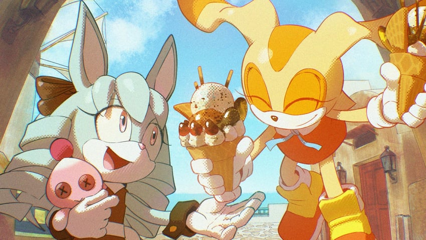 cream the rabbit, neutral chao, and anya the rabbit (original and 1 more) drawn by lazerpotaters
