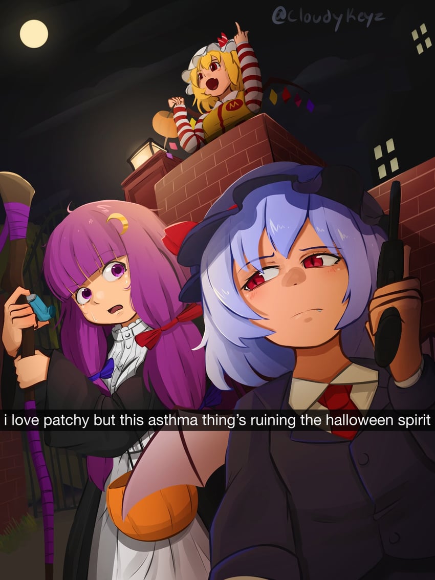 remilia scarlet, flandre scarlet, patchouli knowledge, fern, and ronald mcdonald (touhou and 4 more) drawn by cloudykeyz