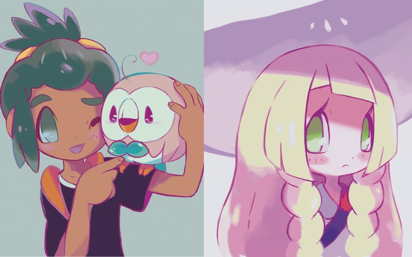 lillie, rowlet, and hau (pokemon and 1 more) drawn by guriggon