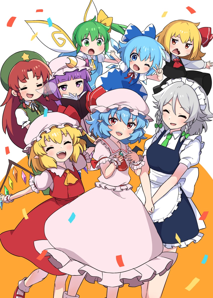 remilia scarlet, flandre scarlet, izayoi sakuya, cirno, patchouli knowledge, and 3 more (touhou and 1 more) drawn by miz_(mizillustration)