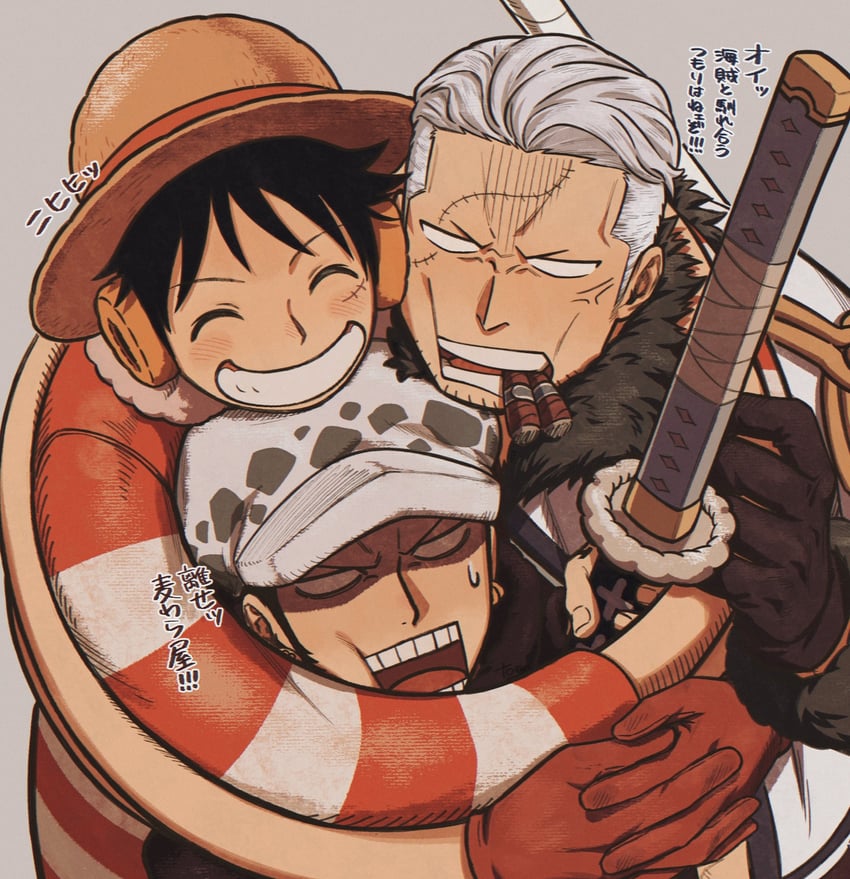 monkey d. luffy, trafalgar law, and smoker (one piece) drawn by tonta_(tonta1231)