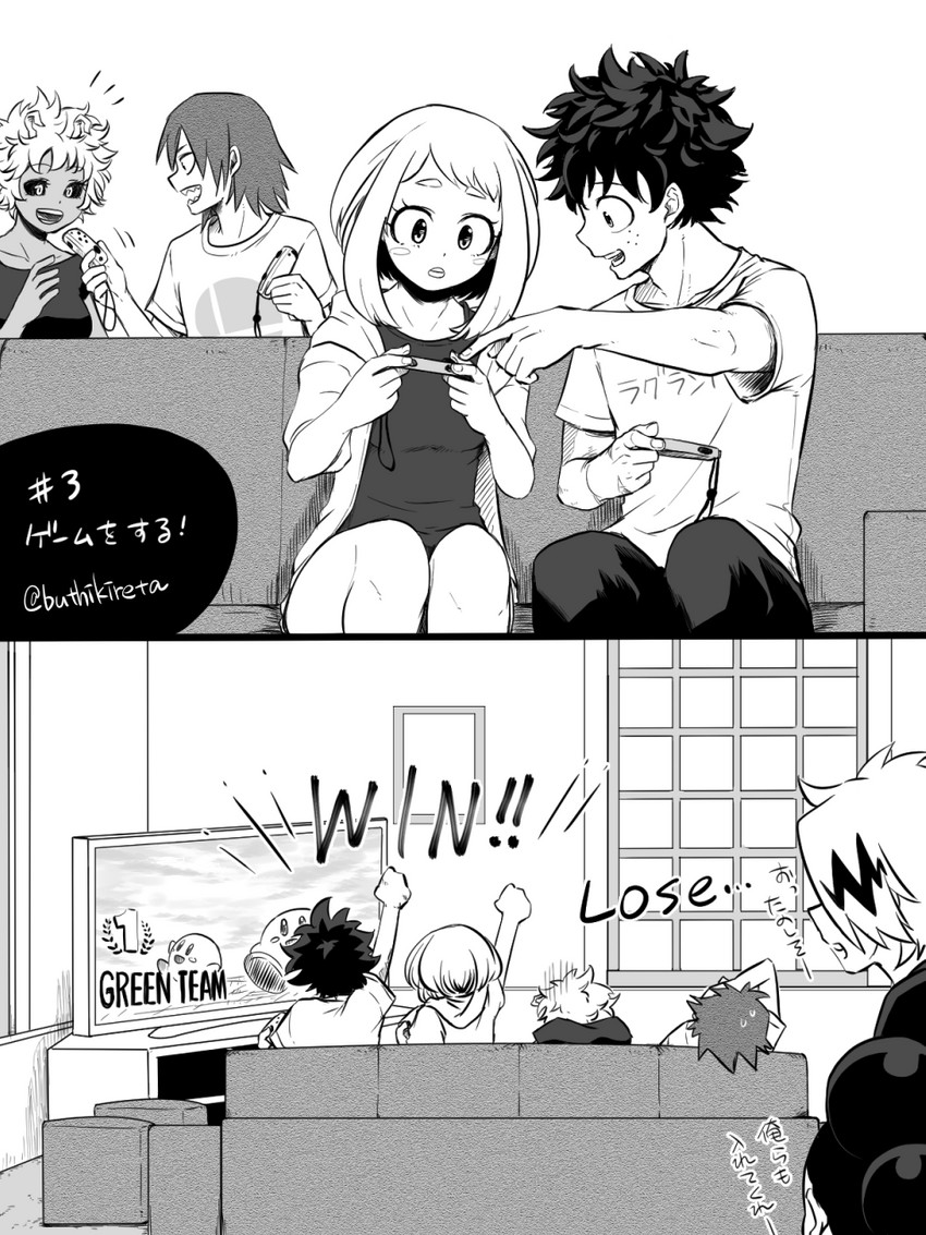 kirby, midoriya izuku, uraraka ochaco, ashido mina, kirishima eijiro, and 2 more (boku no hero academia and 2 more) drawn by buthikireta