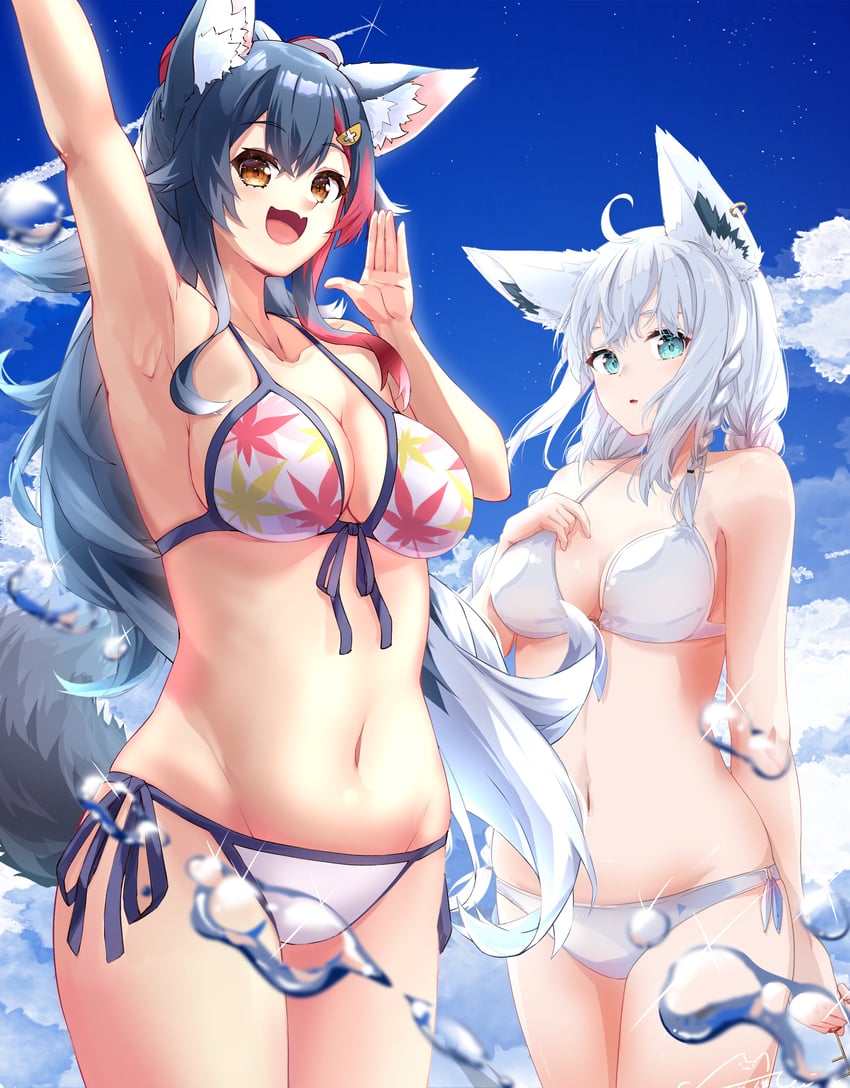 shirakami fubuki and ookami mio (hololive) drawn by u_da_desu