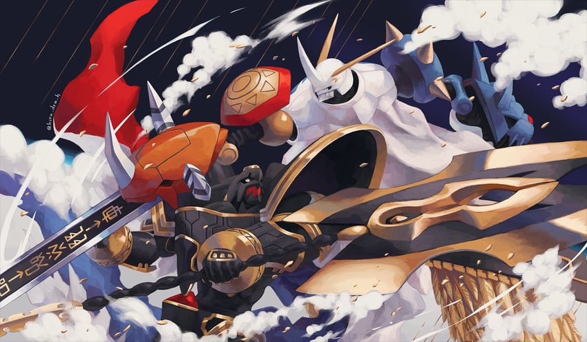omegamon, alphamon, and alphamon ouryuuken (digimon) drawn by kira_(kira_dra)