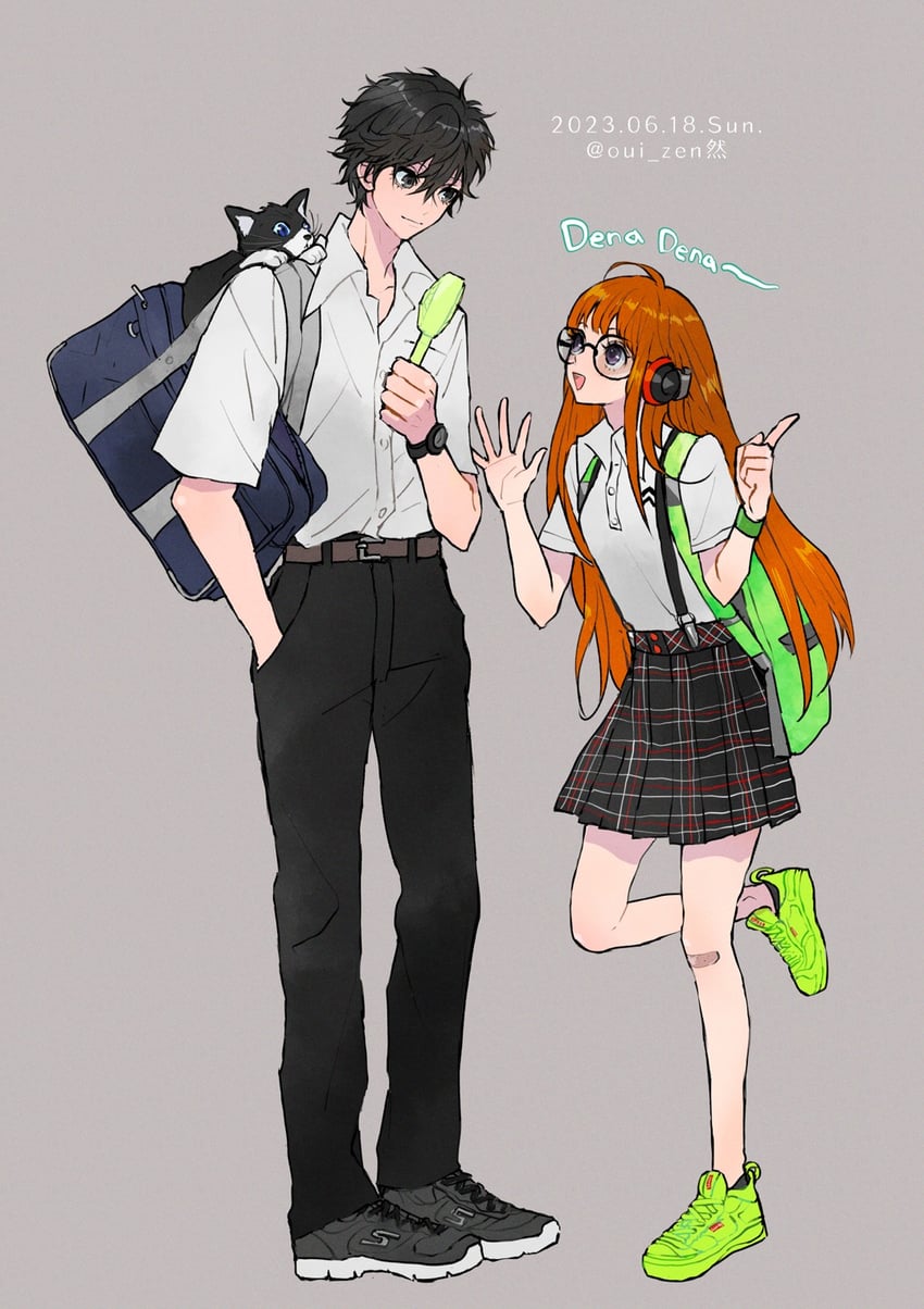 amamiya ren, sakura futaba, and morgana (persona and 1 more) drawn by oui_zen