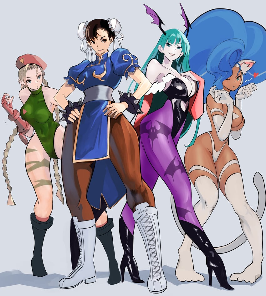 chun-li, morrigan aensland, cammy white, and felicia (street fighter and 2 more) drawn by meke_(77842928)
