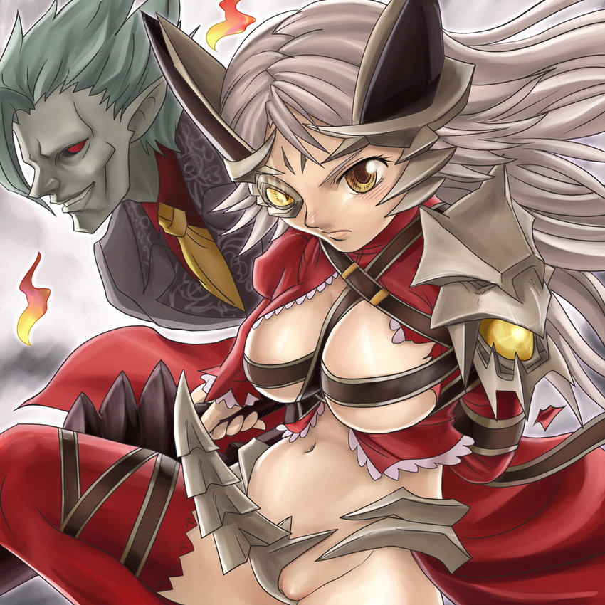 aldra, queen aldra, and delmore (queen's blade) drawn by hamoto