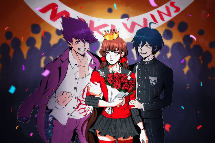 saihara shuichi, harukawa maki, monokuma, and momota kaito (danganronpa and 1 more) drawn by cartoondannie