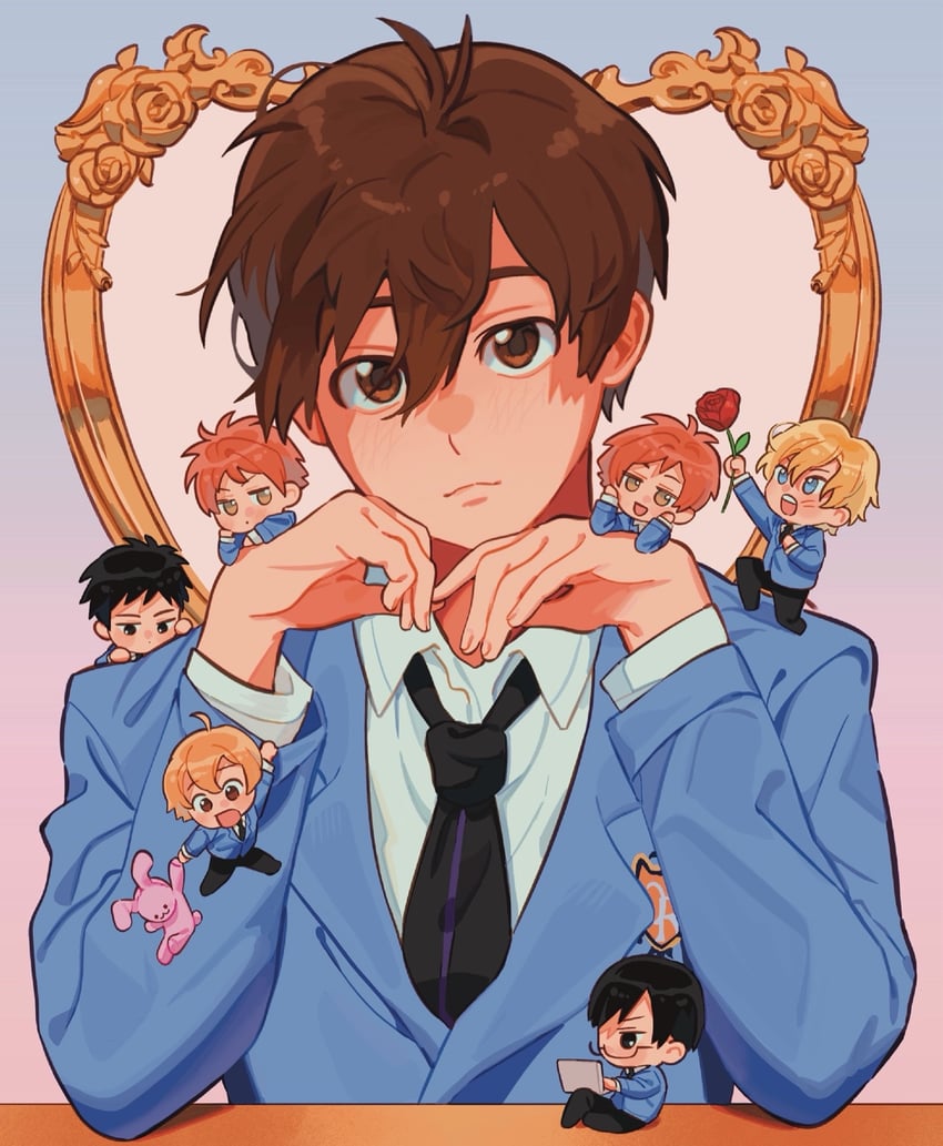 fujioka haruhi, suou tamaki, hitachiin hikaru, hitachiin kaoru, haninozuka mitsukuni, and 2 more (ouran high school host club) drawn by ttasarayu