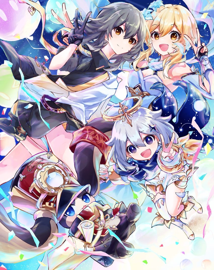 lumine, trailblazer, stelle, paimon, slime, and 1 more (genshin impact and 3 more) drawn by ryokukablog