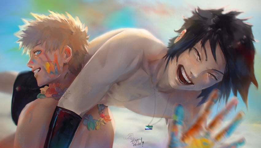 uzumaki naruto and uchiha sasuke (naruto) drawn by tamelee